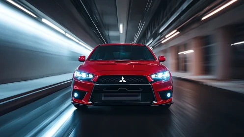 Red sport sedan blazing through a sleek city tunnel at night.