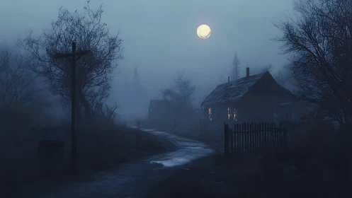 Deserted moonlit cabin road under dense blue fog.
