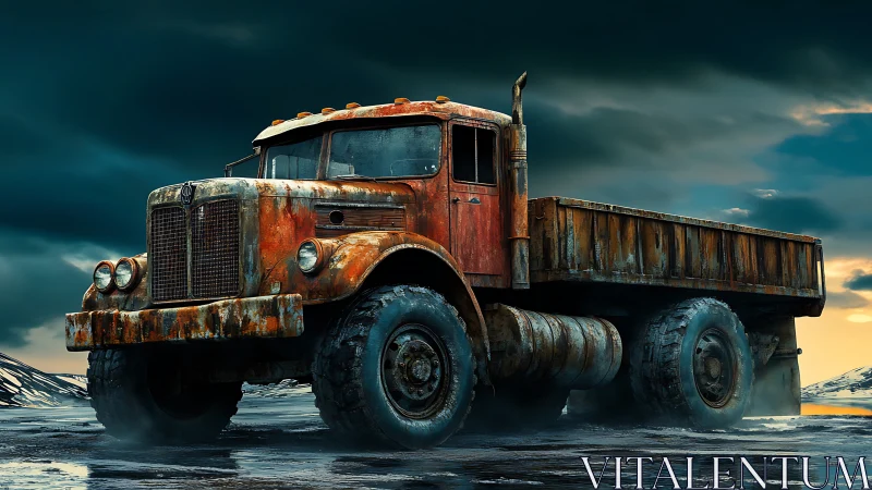 Rust crowned titan truck waits beneath brewing arctic storm