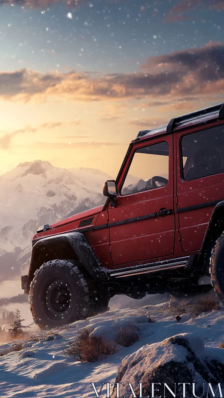 Red off-road SUV on snowy mountain slope at sunset.