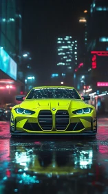 Neon yellow sports car dominates a slick cyberpunk street.