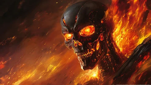 Burning robotic skull with molten eyes in fiery inferno.