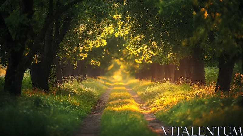 Sunlit Forest Path with Lush Greenery in Soft Focus Landscape.