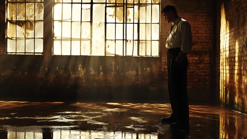 Man standing in sunlit warehouse with reflective floor.