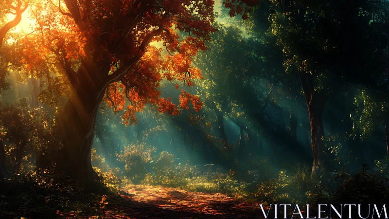 Forest path with autumn foliage and atmospheric light