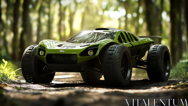 Green off road RC car on forest track in bright daylight.