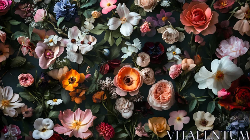 Comprehensive floral arrangement displaying varied botanical specimens arranged densely on dark surf