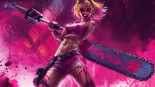 Candy‑pink berserker swings a grinning neon chainsaw wide