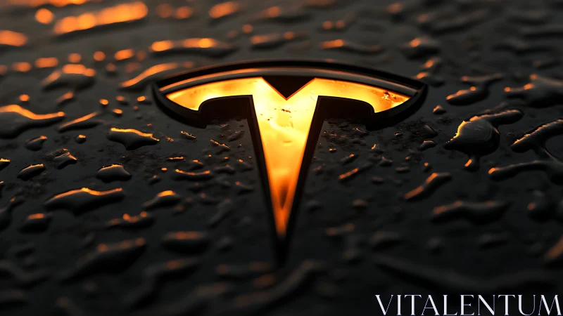 Glowing car emblem shines warmly through evening raindrops