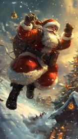 Soaring Santa in luminous snowy village nightscape.