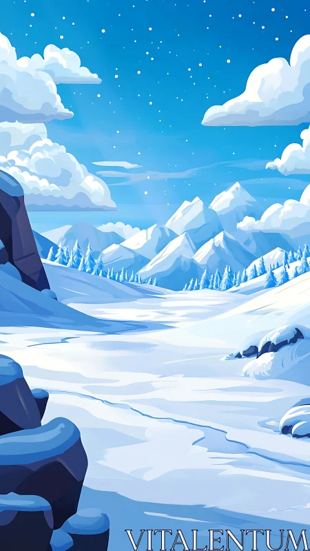 Stylized alpine snowfield with distant peaks under clear sky