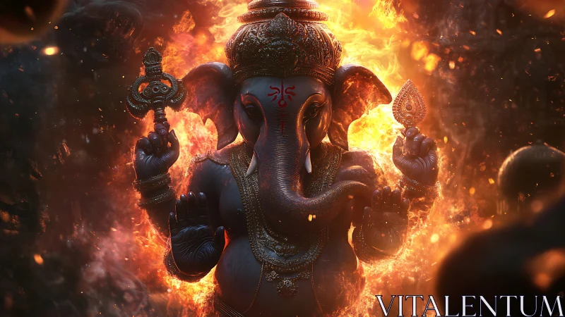 Ganesha deity rendered in fiery cinematic 3D illumination