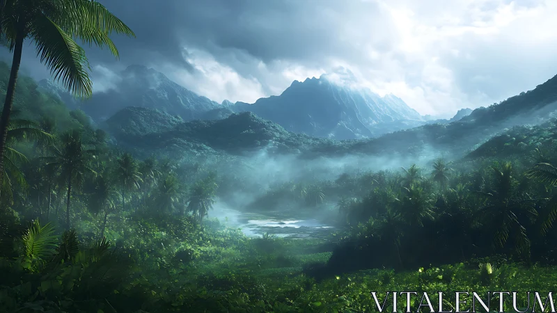 Misty Mountain Valley Tropical Landscape Digital Art