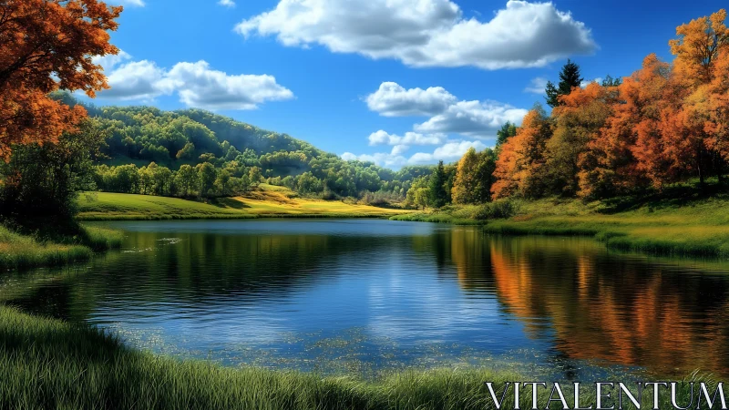 Autumn hills and mirrored lake under cloud-brushed sapphire sky.