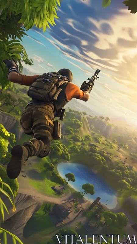 Battle royale paratrooper dives toward lush valley battleground.