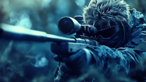 Sniper Aiming with Rifle and Scope in Winter Setting.