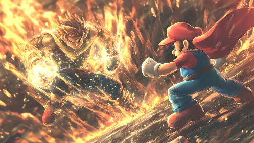 Fiery anime brawler and caped hero clash in molten arena