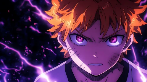 Electric-eyed anime hero charging into a fierce showdown.