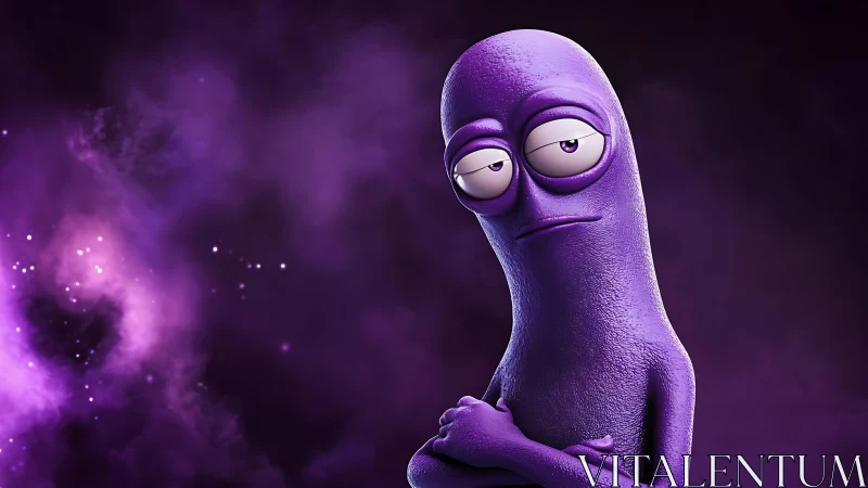 Purple alien character poses against dreamy cosmic mist