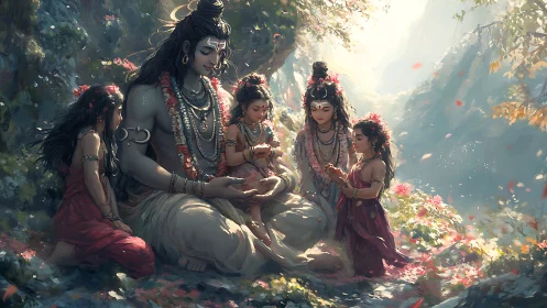 Divine family rendered in luminous Himalayan valley digital painting