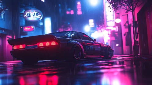 Neon sports car on wet city street at night in rain.