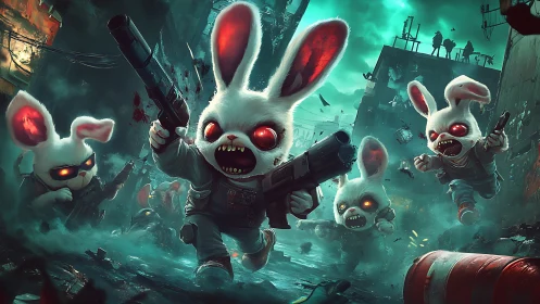 Militant cyberpunk rabbits storm flooded neon alleyway at night