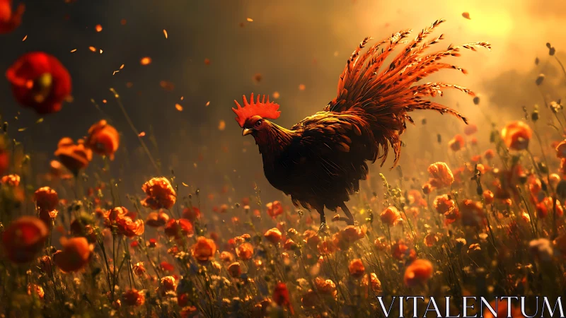 Fiery Rooster Soars Through Golden Flower Meadow