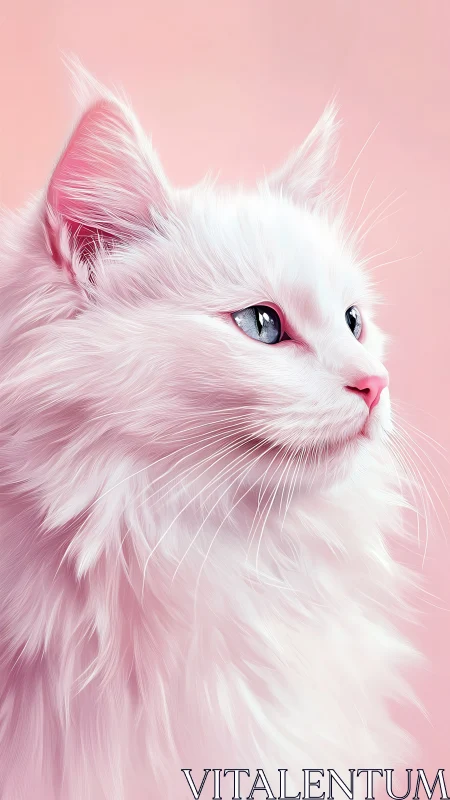 White and Pink Feline Portrait Against Pastel Backdrop.