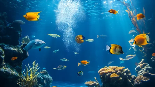 Colorful tropical fish swim through sunlit coral reef