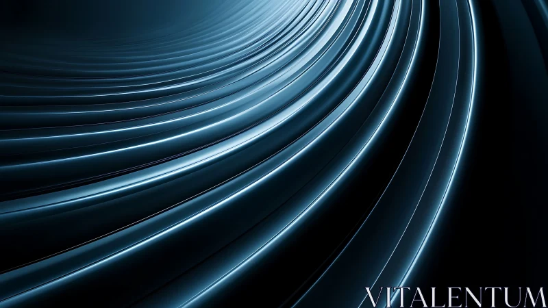 Curved metallic light bands in dark abstract composition.