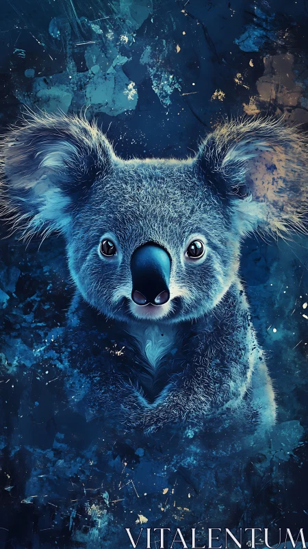 Gentle blue koala gazes softly from a dreamy starry night
