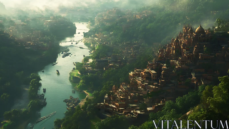 Misty river city waking beneath sunlit hillside domes.