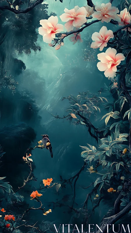 Mystic teal forest with peach blossoms and perched songbird.
