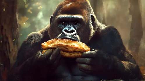 Gorilla holding pastry in forest environment, frontal view.