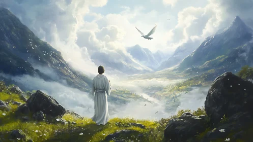 Mystic robed figure overlooks sunlit alpine valley dawn