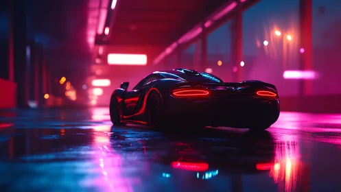 Neon drenched supercar prowls through a mirror bright nightway