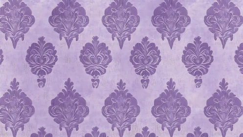 Lavender damask wallpaper with ornate baroque floral motif.