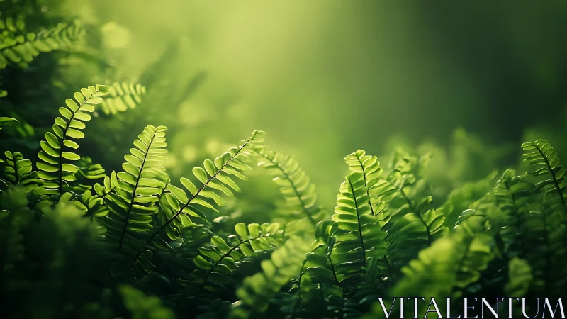 Macro fern fronds in luminous green depth-of-field study.