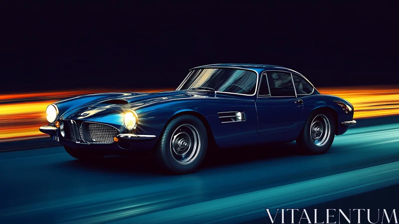 Vintage coupe moves through stylized light-streaked roadway