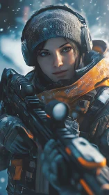 Armed figure holds rifle in cold outdoor environment