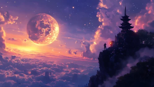 Celestial moonrise over cloud sea with pagoda silhouette observation