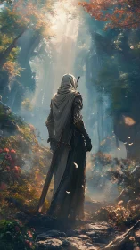Hooded warrior stands in glowing forest path with sword drawn