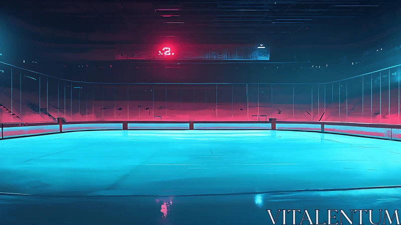 Empty neon ice rink glows under red digital scoreboard