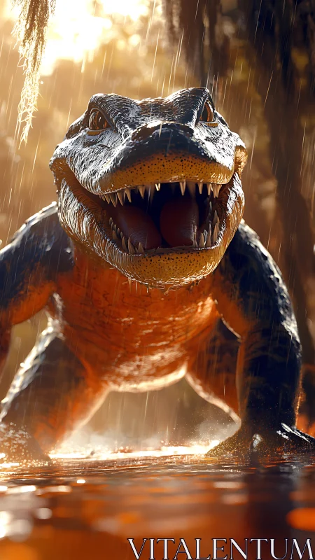 Cinematic 3D alligator charge under stormlit backlight.