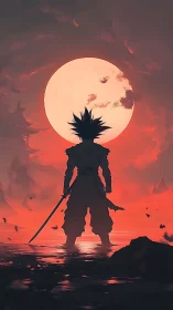 Samurai silhouette confronts colossal red moon in painterly dusk