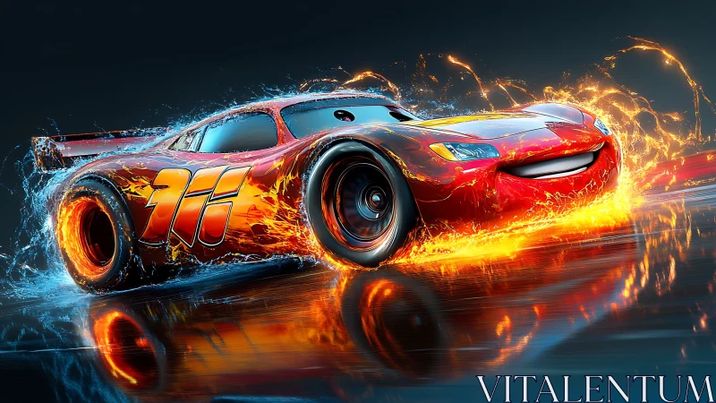 Flaming stylized race car rendered in high-gloss 3D motion dynamics