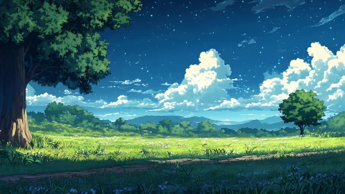 Starlit summer meadow with distant mountains and cumulus sky