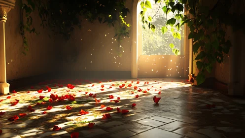 Sunlit tiled corridor shows fallen red petals and hanging ivy