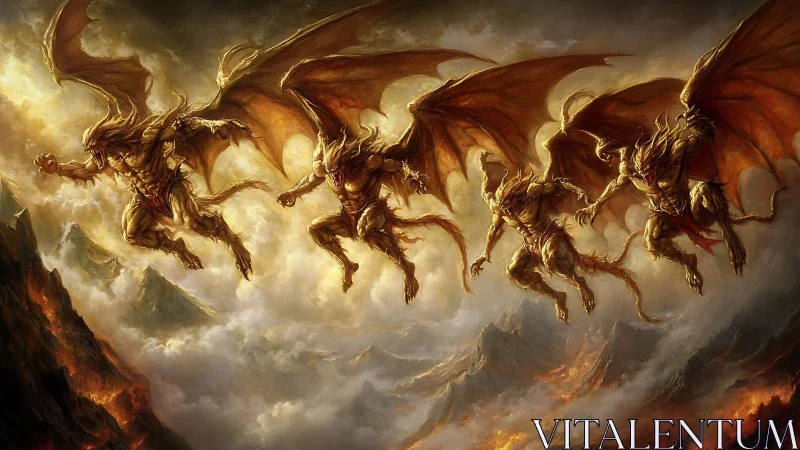 Fiery winged demons descending over a storm torn abyss.