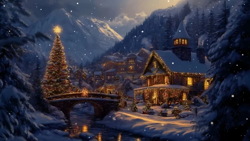 Snow-covered mountain village with illuminated holiday lights.